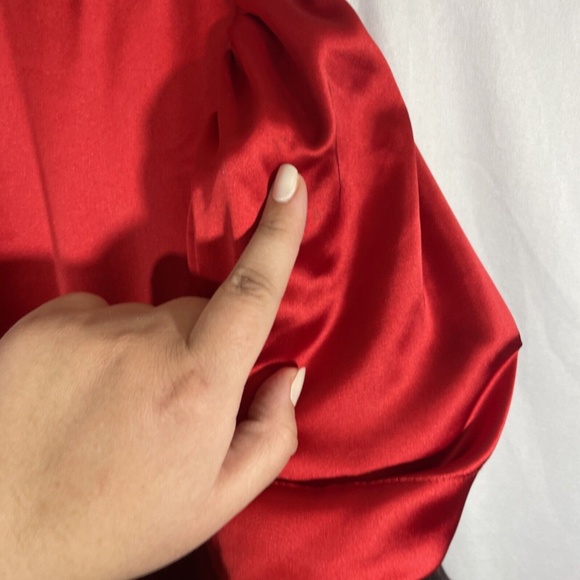 $398 IEENA Mac Duggal [ 14 ] Puff Sleeve Satin A-Line Gown in‎ Red - Picture 13 of 16